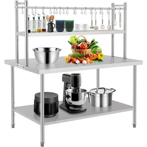 Acekid 60" X 36" Stainless Steel Table with Overshelves & Hook, NSF Work Table, Metal Table Prep Table