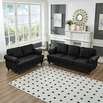 Black Leather Couch, 2 3 Seater Loveseat & Sofa with Nails, Solid Wood Legs