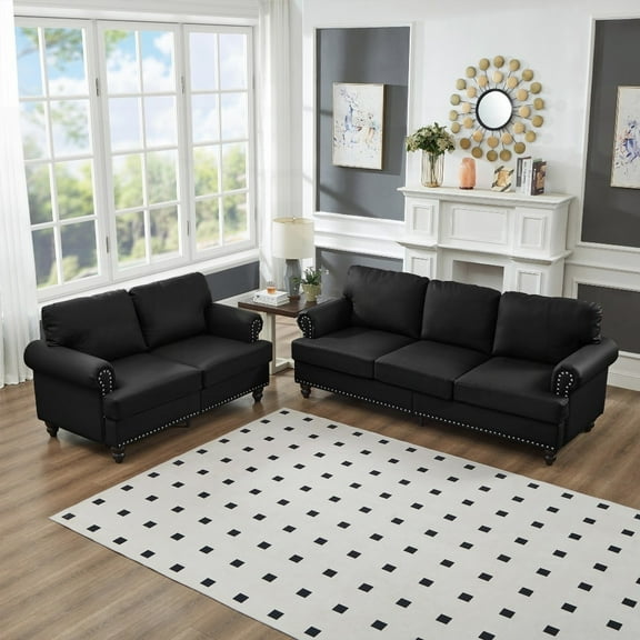 Black Leather Couch, 2 3 Seater Loveseat & Sofa with Nails, Solid Wood Legs