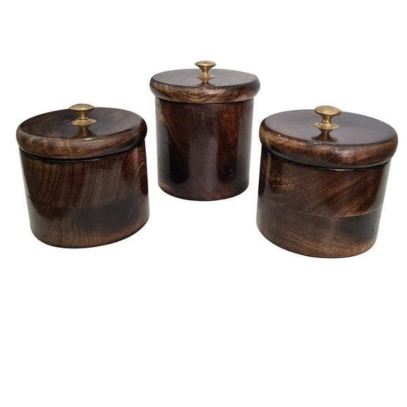 Collectiblesbuy Vintage Handmade Wooden Storage Jars with Wooden Lid Set of 3 Kitchen Accessory