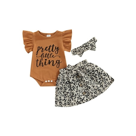 

Binpure Baby Girl Outfit Fly Sleeve Letter Romper Belted Leopard Short Skirt Headband