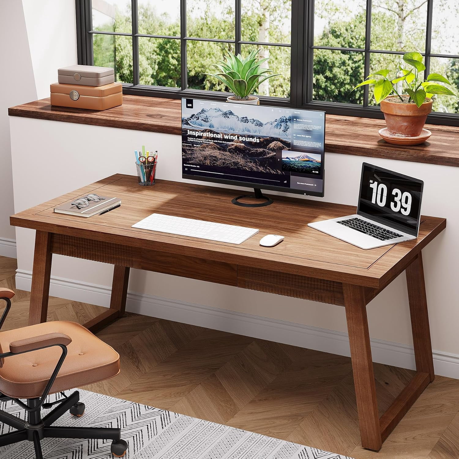 Finmind 55" Solid Wood Executive Desk with Drawer: Mid-Century Modern Writing Table