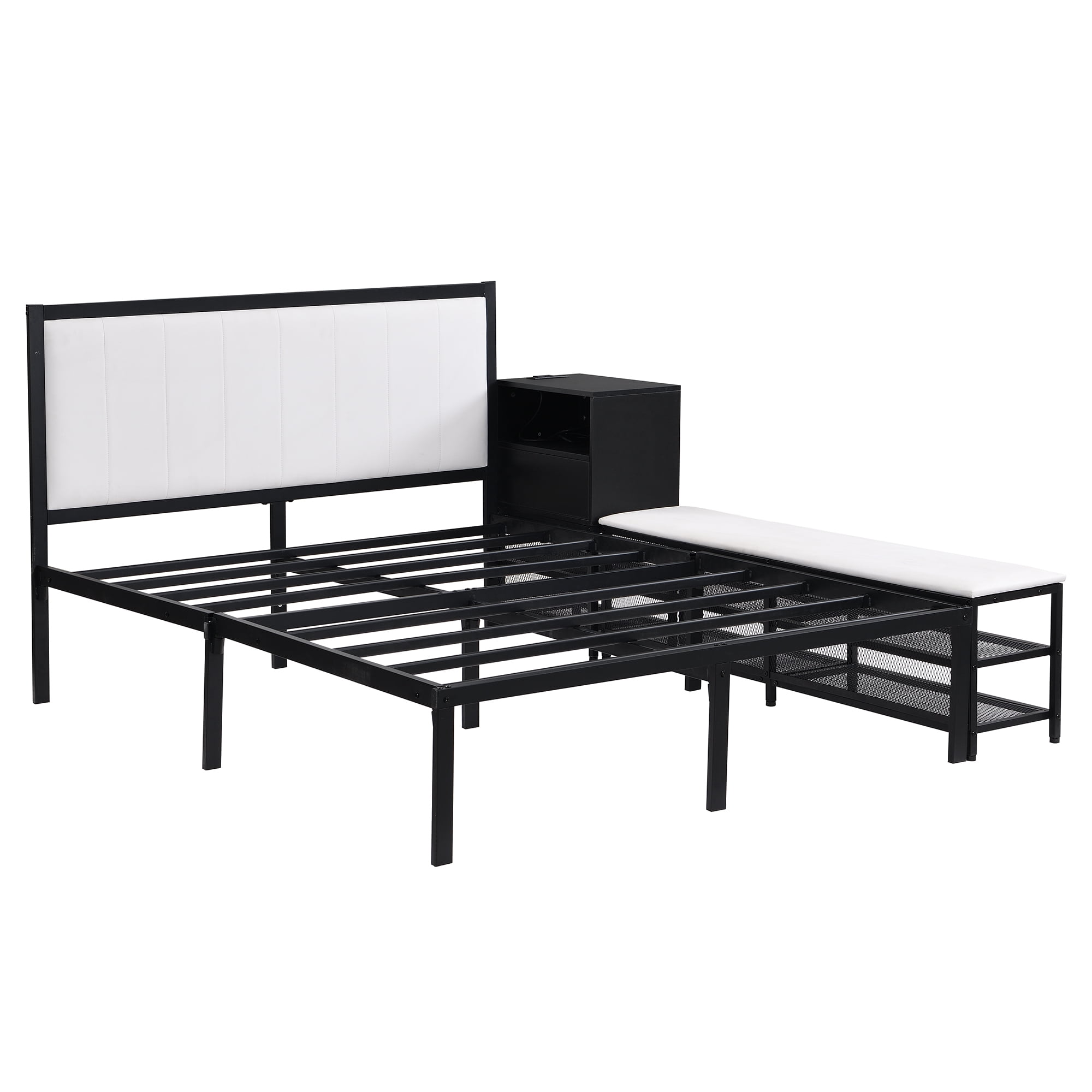 Euroco Metal Full Size Platform Bed with Storage Shleves and Ottoman, Black