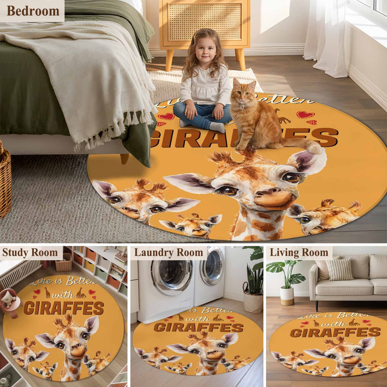 Giraffe Round Area Rug 4Ft Washable Circle Rugs for Bedroom Dining Room, Red Love Heart Rustic Animals Orange Non-Slip Carpet Floor Mats Indoor Outdoor Carpet Runner Aesthetic Home Decor