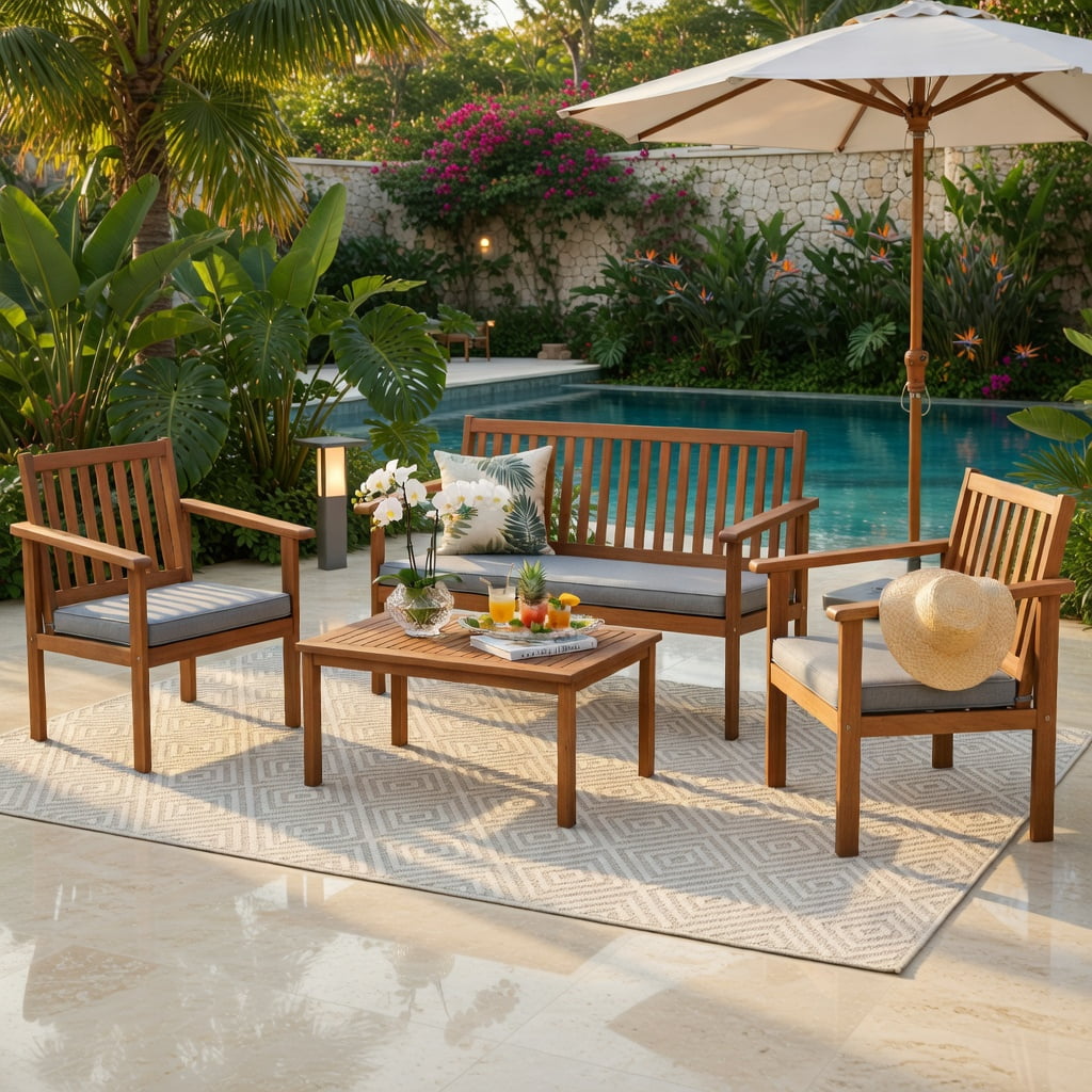 Hommoo 4-Piece Acacia Wood Patio Furniture Set, Cushioned Loveseat, 2 Chairs & Coffee Table for Backyard, Poolside, Porch, Gray