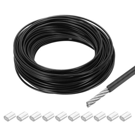 98Ft Wire Rope 304 Stainless Steel Cable 1/8 Vinyl Coated with 10pcs Aluminum Sleeves Black