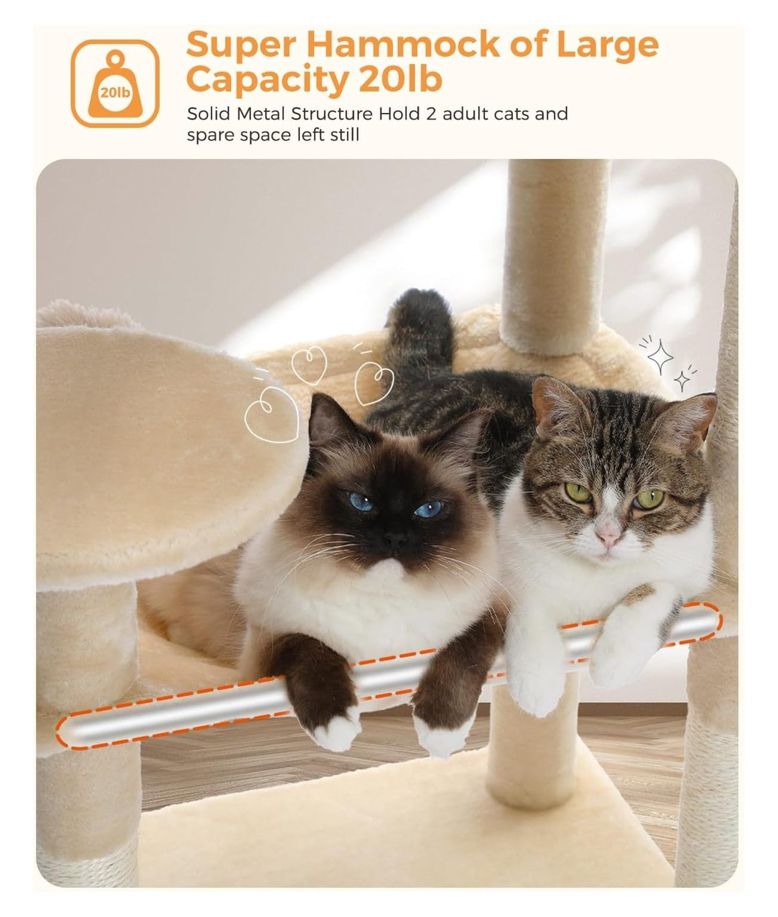 Cat Tree for Large Cats, 56.3" Tower with Hammock & Condo, 6-Tier Cat Shelves, Scratching Posts, Beige