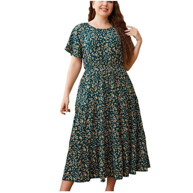 Robes d'Été pour Femmes Longues Femmes Décontractées Aguichant Mode Été Col en V Manches Courtes Imprimé Ample Grande Taille Robe