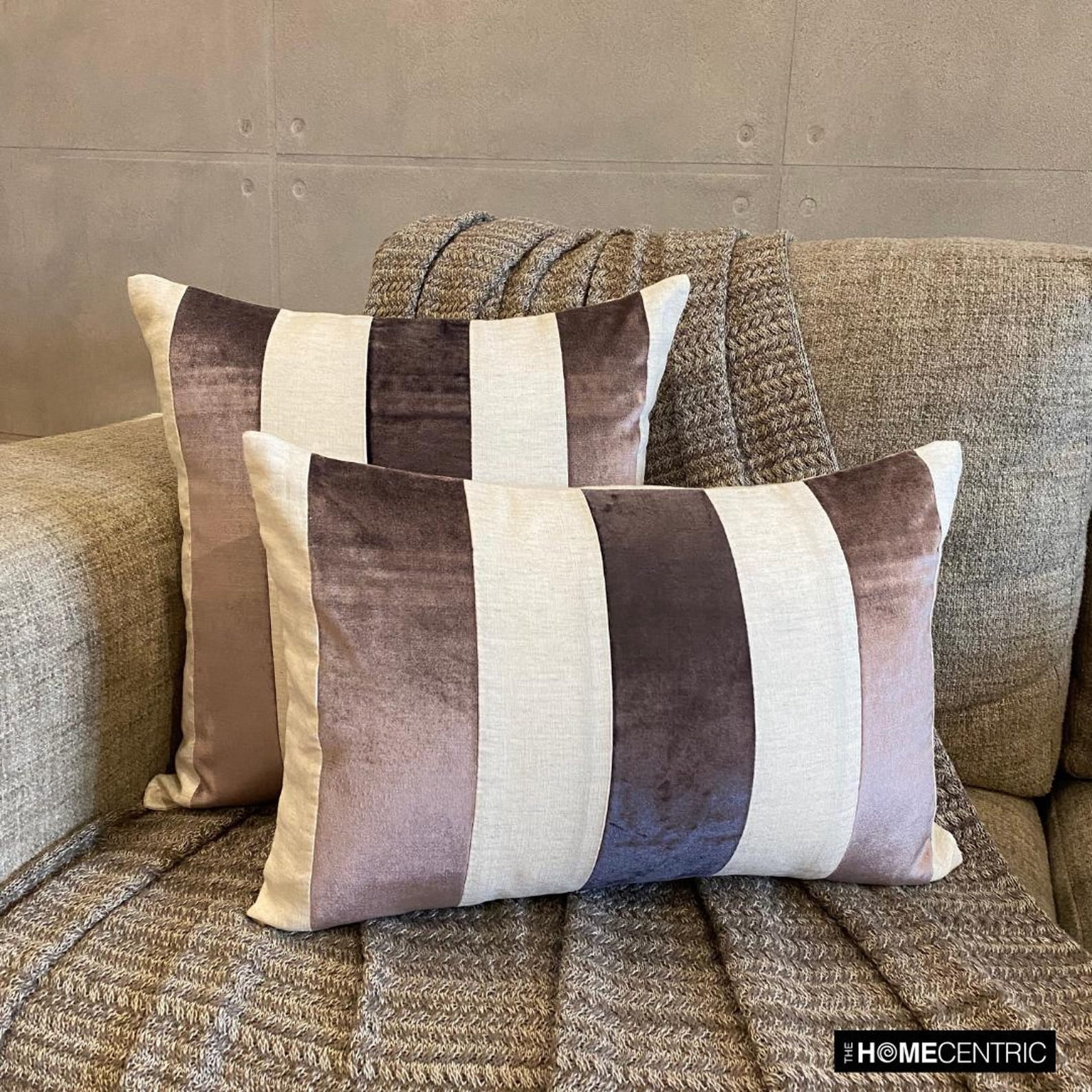 The HomeCentric Decorative Purple Pack of 2, 12"x20" (30x50 cm) Lumbar Pillow Cover, Velvet & Linen Patchwork Oblong Pillow, Striped Pattern Modern Style - Swathe Wine