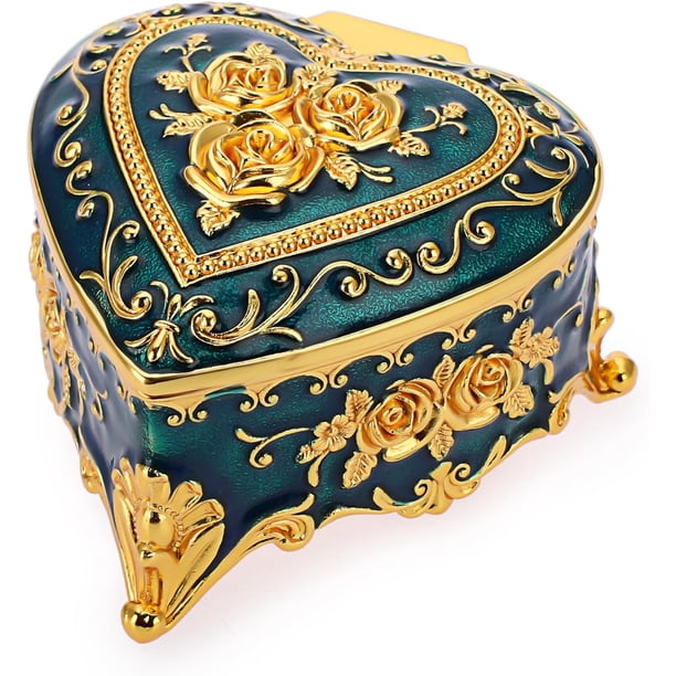 Caja de joyería de metal clásico con forma de corazón y caja de almacenamiento de joyería con patrón de rosa, para anillos, arete, collares, color azul