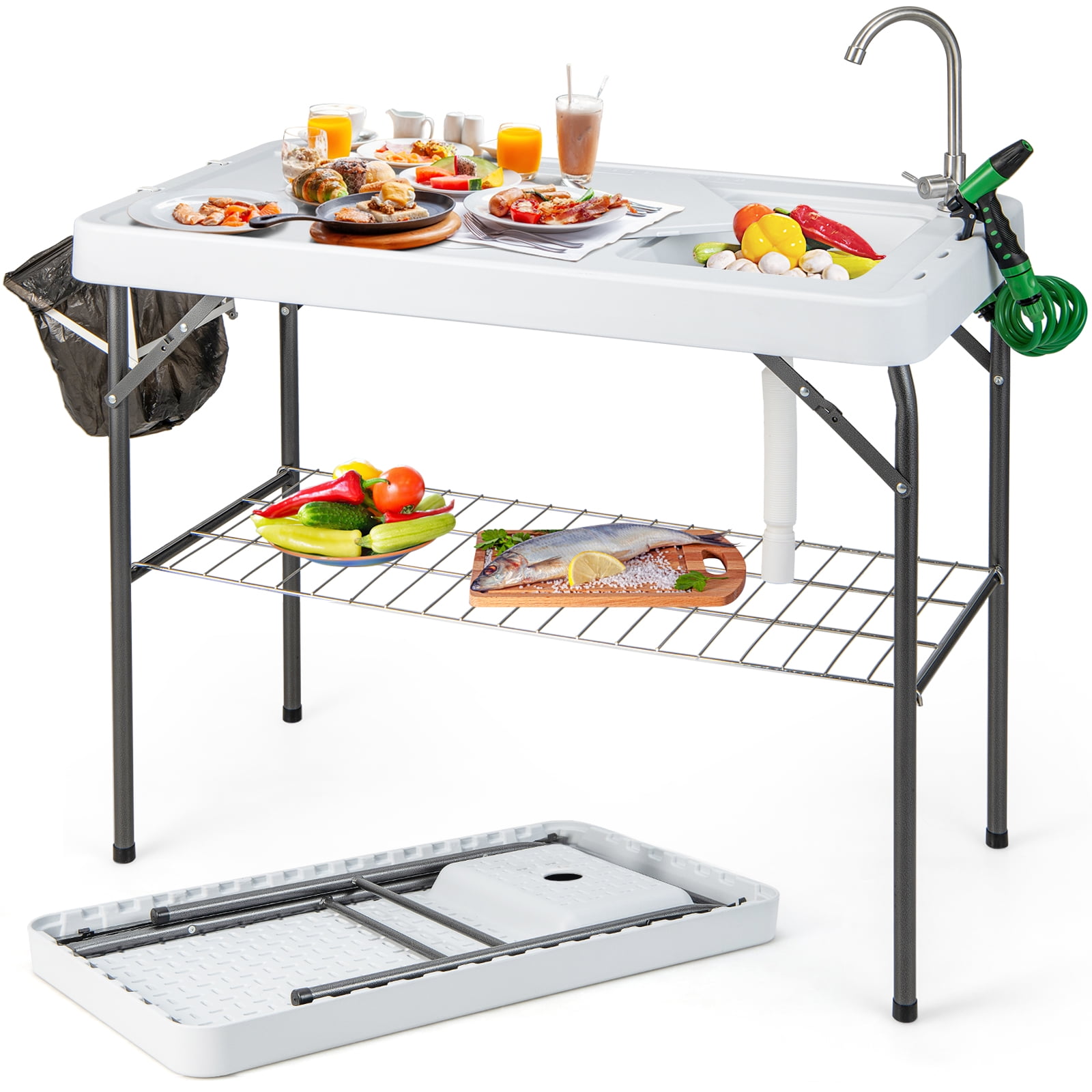Topbuy Folding Fish Cleaning Table Fish Fillet Station w 360 Rotatable Faucet Sink Spray Nozzle Drain Pipe Outdoor Camping Table