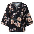 thumbnail image 4 of Camiseta de Verano para Mujer, Elegante, Informal, con Mangas 3/4, Cuello en V, Estilo Étnico Bohemio y Estampado Acampanado. Negro L, 4 of 10