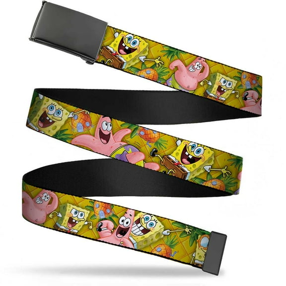 Adjustable Belt, Clamp Buckle, Cut-to-Fit, Spongebob Patrick Starfish Poses Pineapple Gold
