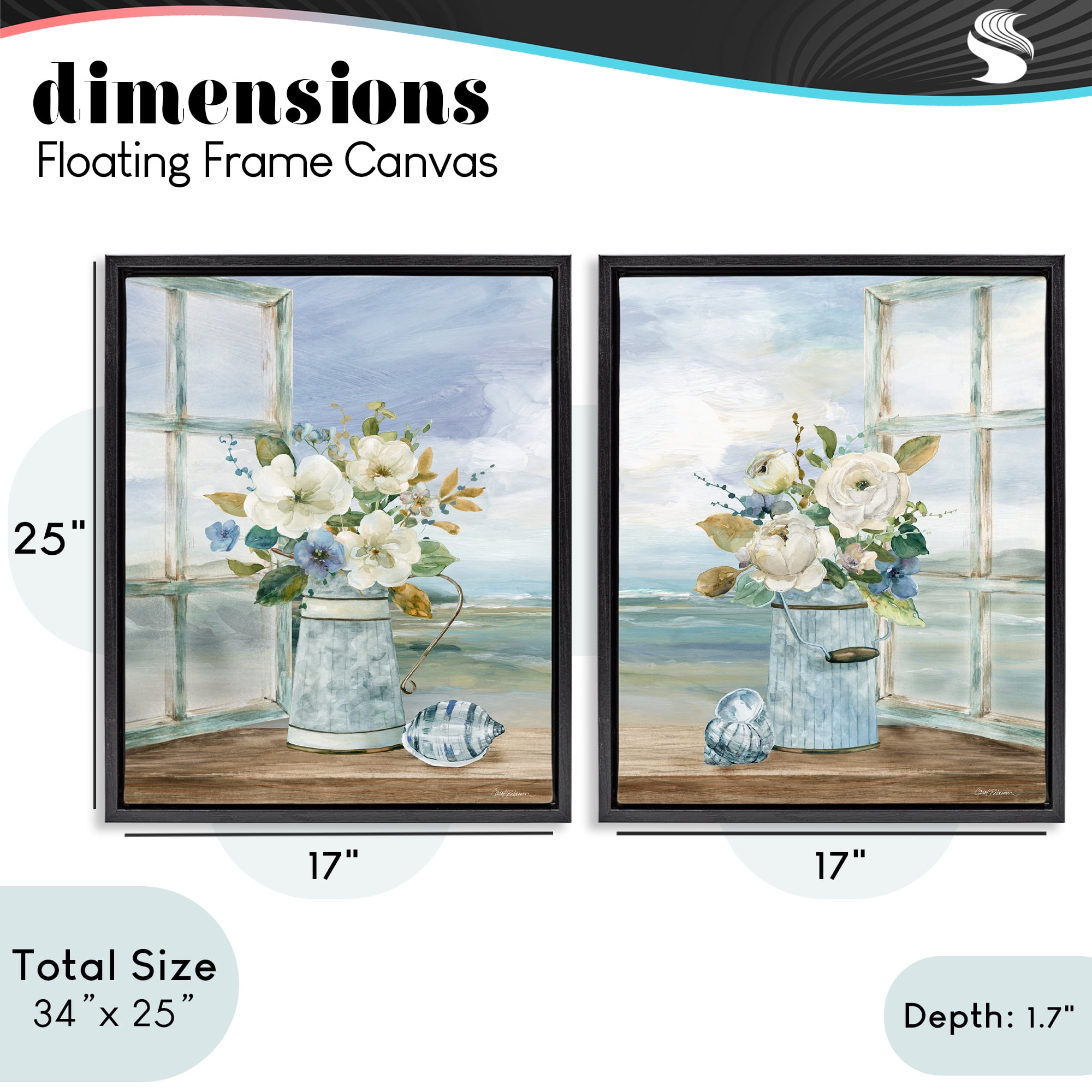 Stupell Industries Seaside Bouquets in Window 2 Piece Black Framed Floater Canvas Set, design by Carol Robinson
