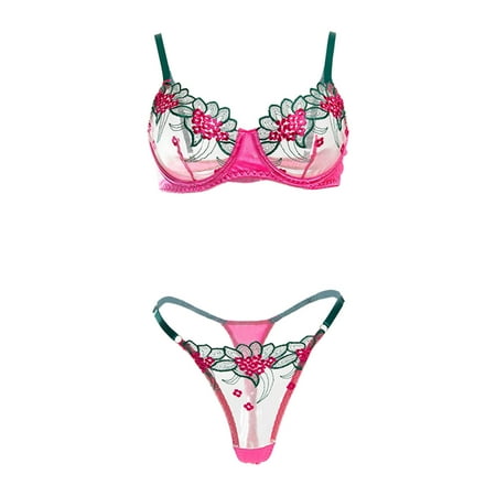 Yuhangmm Women Lingerie Sexy Clothing Fashion New Pattern Flower Embroidery Transparent Lace Mesh Sexy Tight Underwear Set Push up Bras for Women