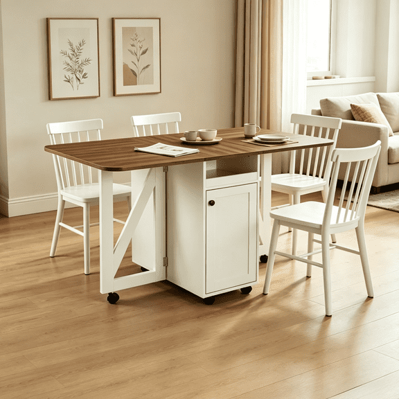 Foldable Drop Leaf Rolling Kitchen Island Cart, Mobile Dining Table with Lockable Wheels, Adjustable Storage Cabinet & Removable Wine Rack for Small Apartment Kitchen Dining Room