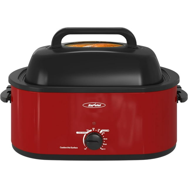 May in Color Electric Roaster Oven with Viewing Lid, 28lb 24-Quart Turkey Roaster with Unique Defrost/Warm Function, Large Roaster with Removable Pan & Rack, Stainless Steel, Red