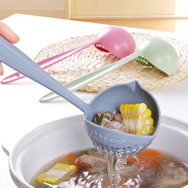 Cuchara de paja de trigo Cuchara para sopa Colador Dos en uno Mango largo Cuchara grande de plástico Vajilla Cuchara para olla caliente