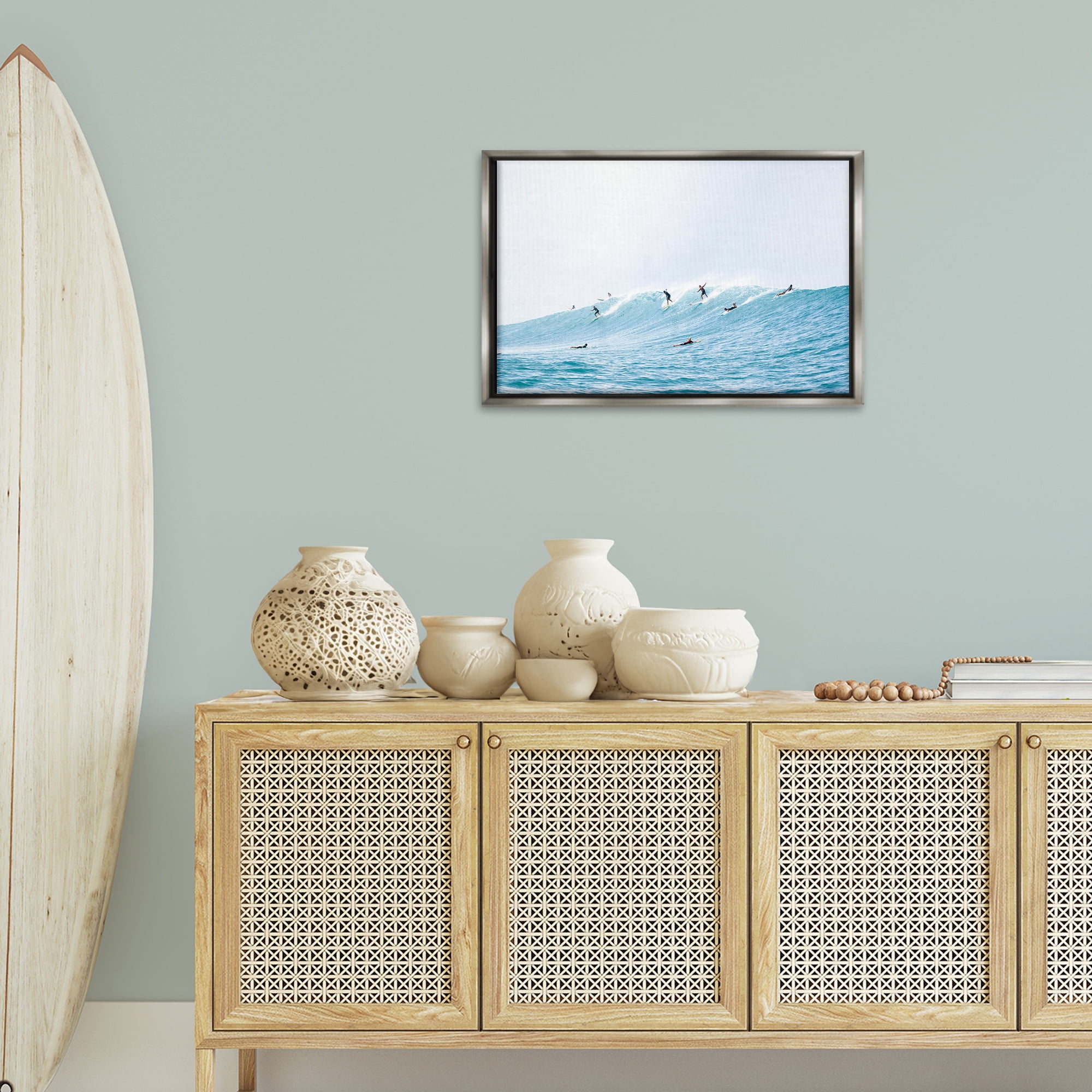 Stupell Industries Blue Wave Surfers Nautical & Beach Photography Gray Floater Framed Canvas Art Print Wall Art, 25 x 17