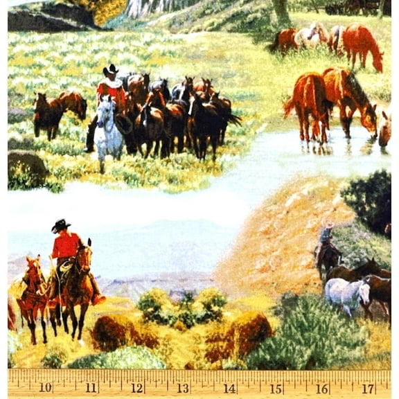1 Fat Quarter - Horses & Cowboy Western Scenic Cotton Fabric - 21" X 18"