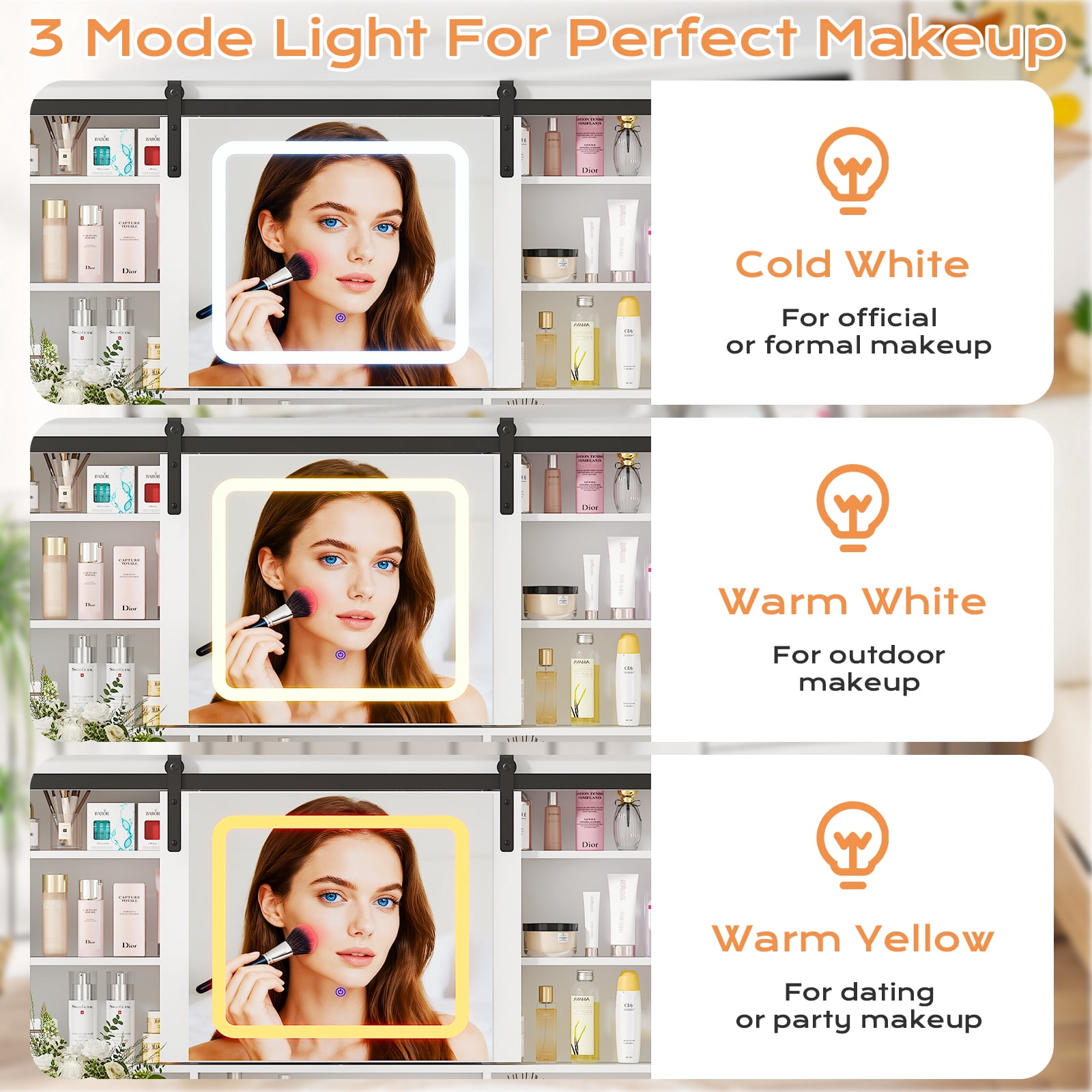 Ktaxon Farmhouse Makeup Vanity with Sliding Barn Door,  Vanity Table Set w/ Lighted Mirror, White