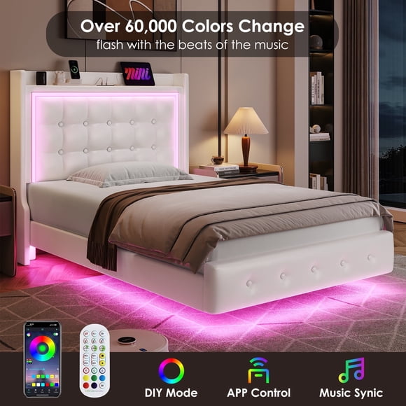 Homfa Twin Size Floating Bed with LED Lights Charging Station, Modern PU Upholstered Platform Bed with Storage Headboard, White