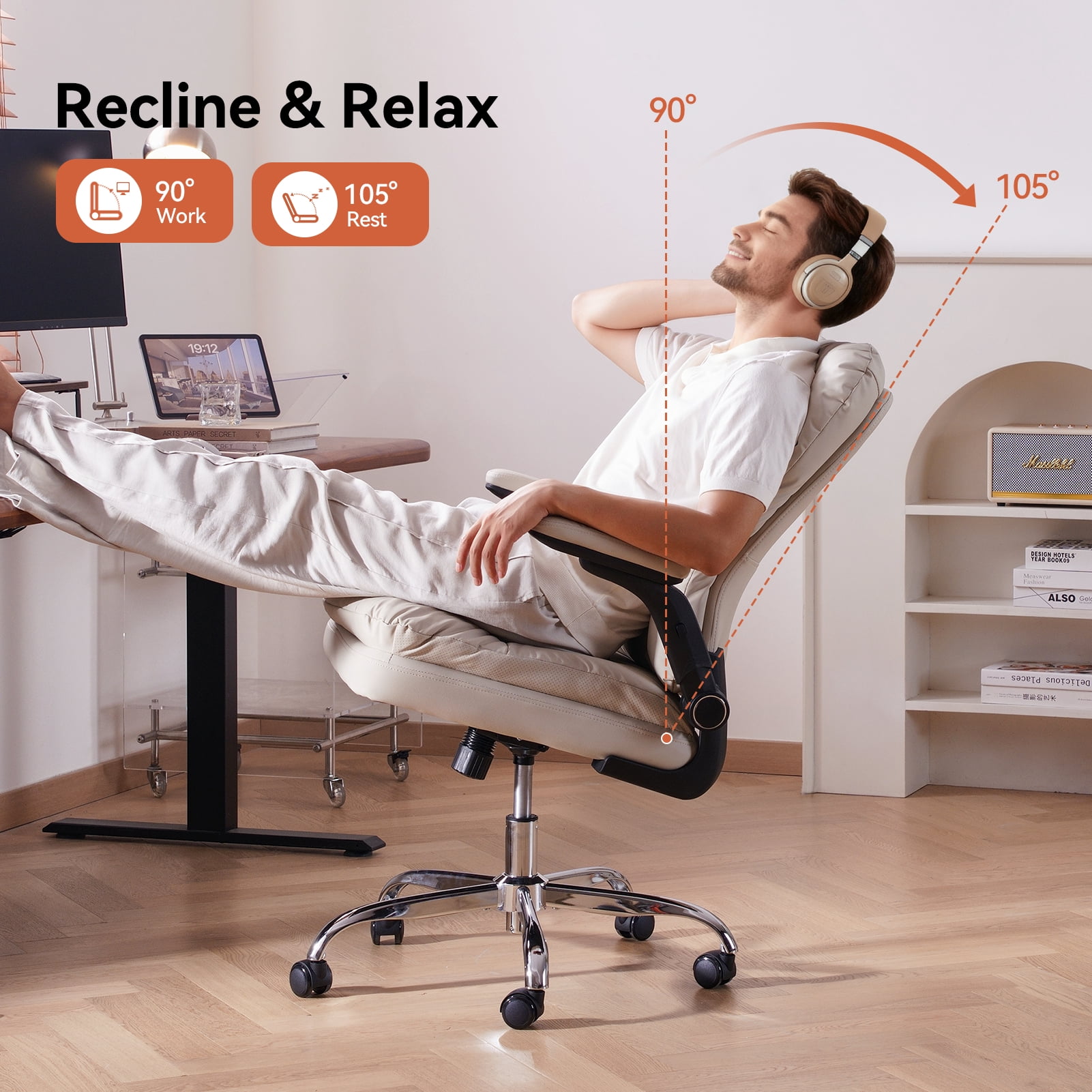 LEAGOO Ergonomic Executive Office Chair, Mid Back Comfy Desk Chairs with 3D Padded Flip-up Arms, Faux Leather Computer Rolling Chair with Wheels for Home, Adjustable Height, 300lbs, Beige