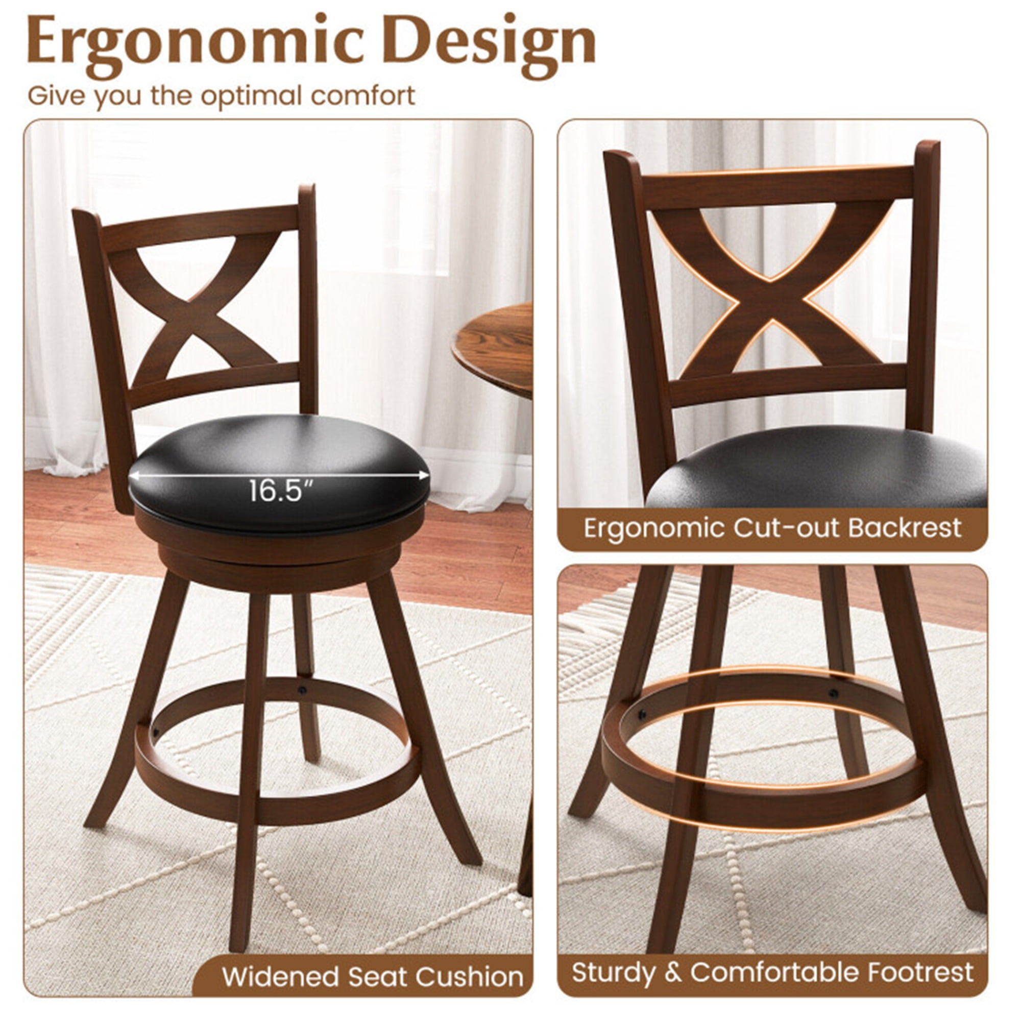 Demi Bonn 24" 2 Pieces Classic Counter Height Swivel Bar Stool Set with X-shaped Open Back, Modern Kitchen Dining Chair, Brown