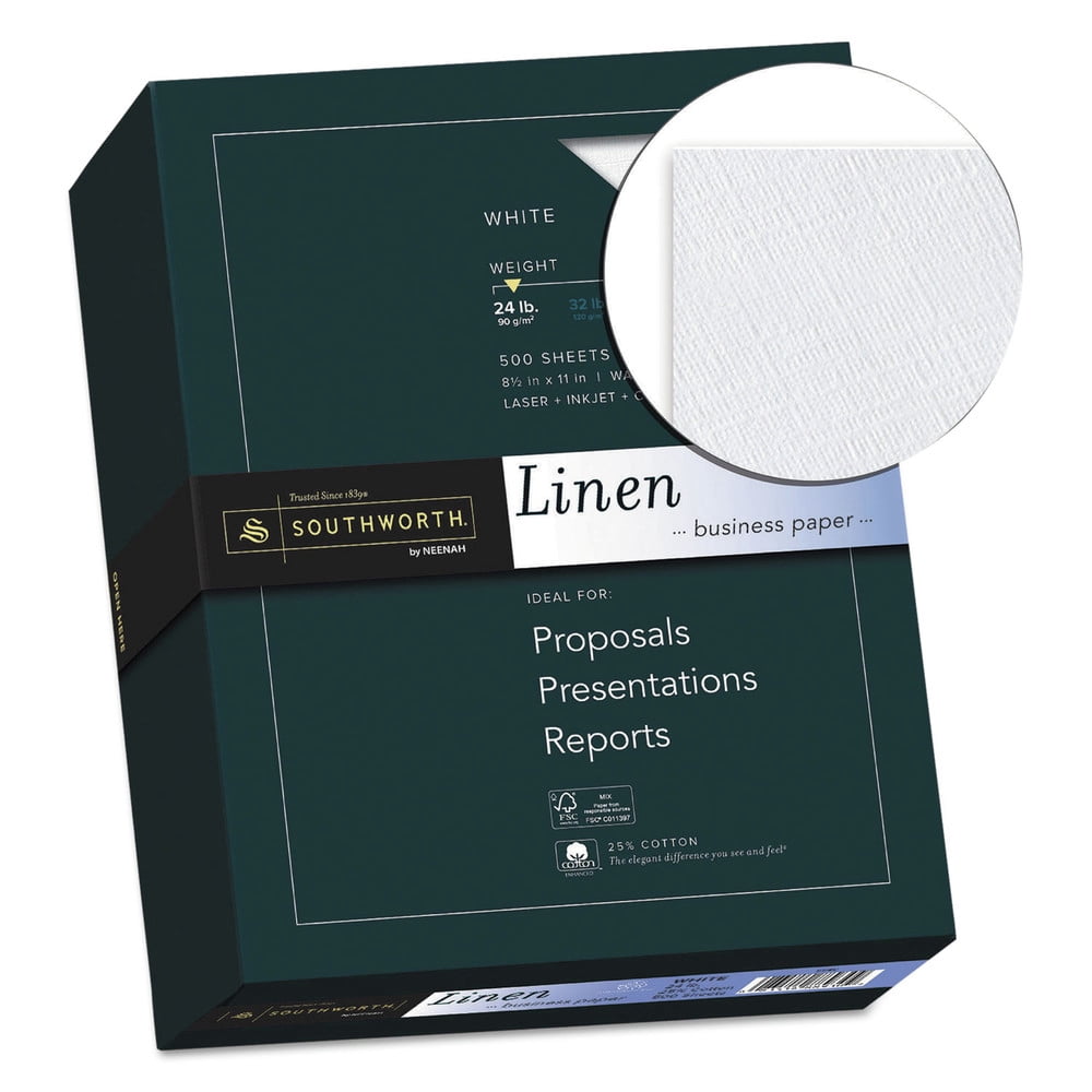 Southworth Business Paper, 8.5" x 11", 24 lb., Linen Finish, White, 500 Sheets