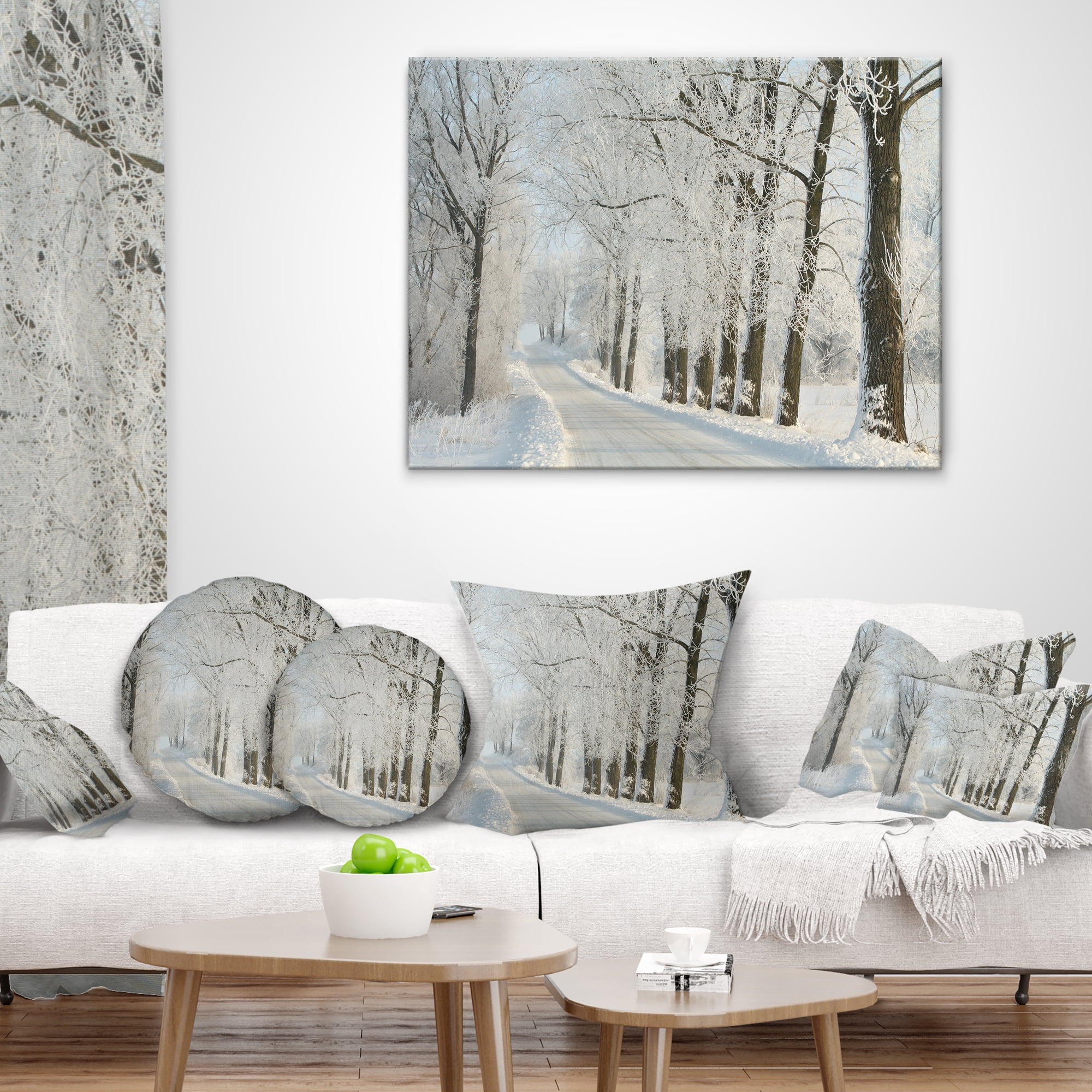 Designart Winter Road in Dense Foggy Forest - Forest Throw Pillow - 12x20