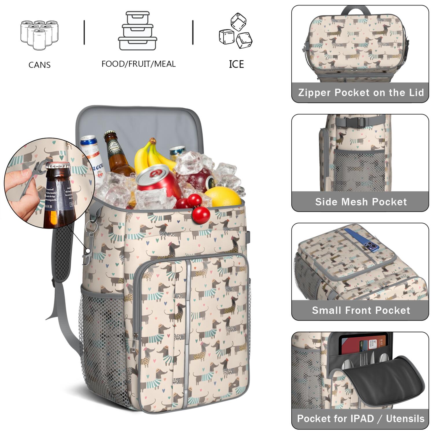 Travel Cooler Bag - Cute Cartoon Dachshund Camping Beer Cooler Backpack with Bottle Opener- Waterproof Insulated Picnic Backpacks - Cooler Bag for Beach