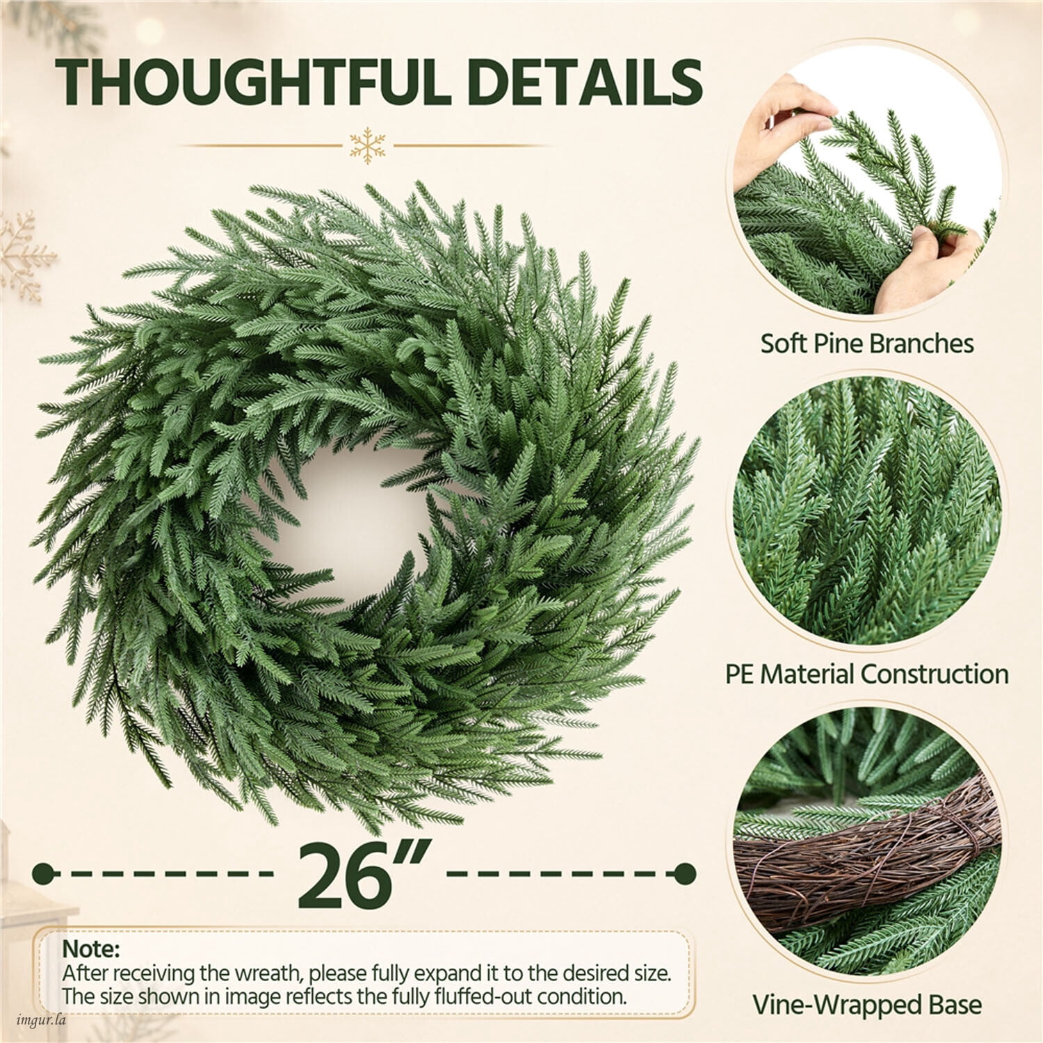 Alden Design 26 inch Artificial Christmas Pine Wreath with Natural Vine Base, Green
