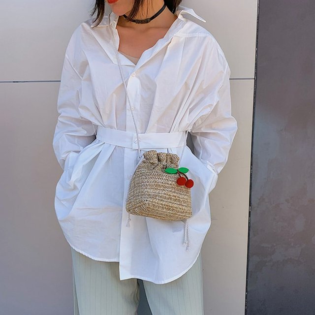 Woven Drawstring Crossbody Bucket Bag Female Pure Braided Messenger Purse Bag