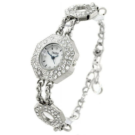 Ladies Silver-ToneVintage look Clubbing Party octagon watch 27mm 8mm thick. CZ Bazel, mop dial,7mm wide silver-tone metal link bracelet fits9 inches wrist.