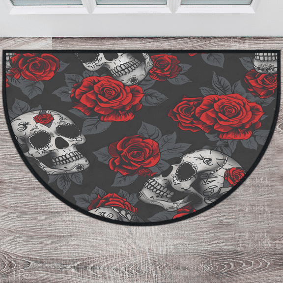 CURLYOOT Red Rose Skull Half Round Door Mat, Indoor Outdoor Entrance Rug, Semi Circular Area Rug, Non Slip Washable Absorbent Doormat, Laundry Room Rug 40'' x 63''