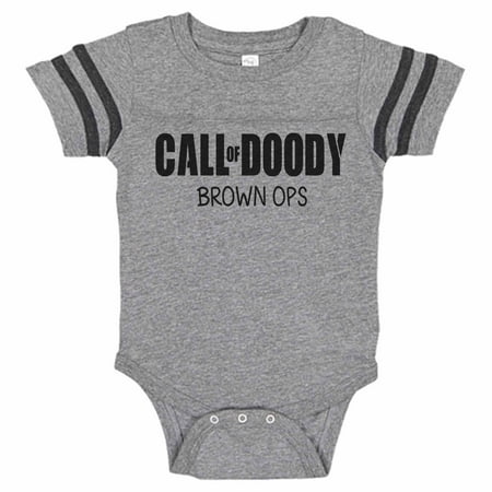Kids Silly Baseball Onesie “Call Of Dooty - Brown Ops" Stinky Diaper Gag Gift Funny Threadz, 0-3 months, Grey & Black Short Sleeve