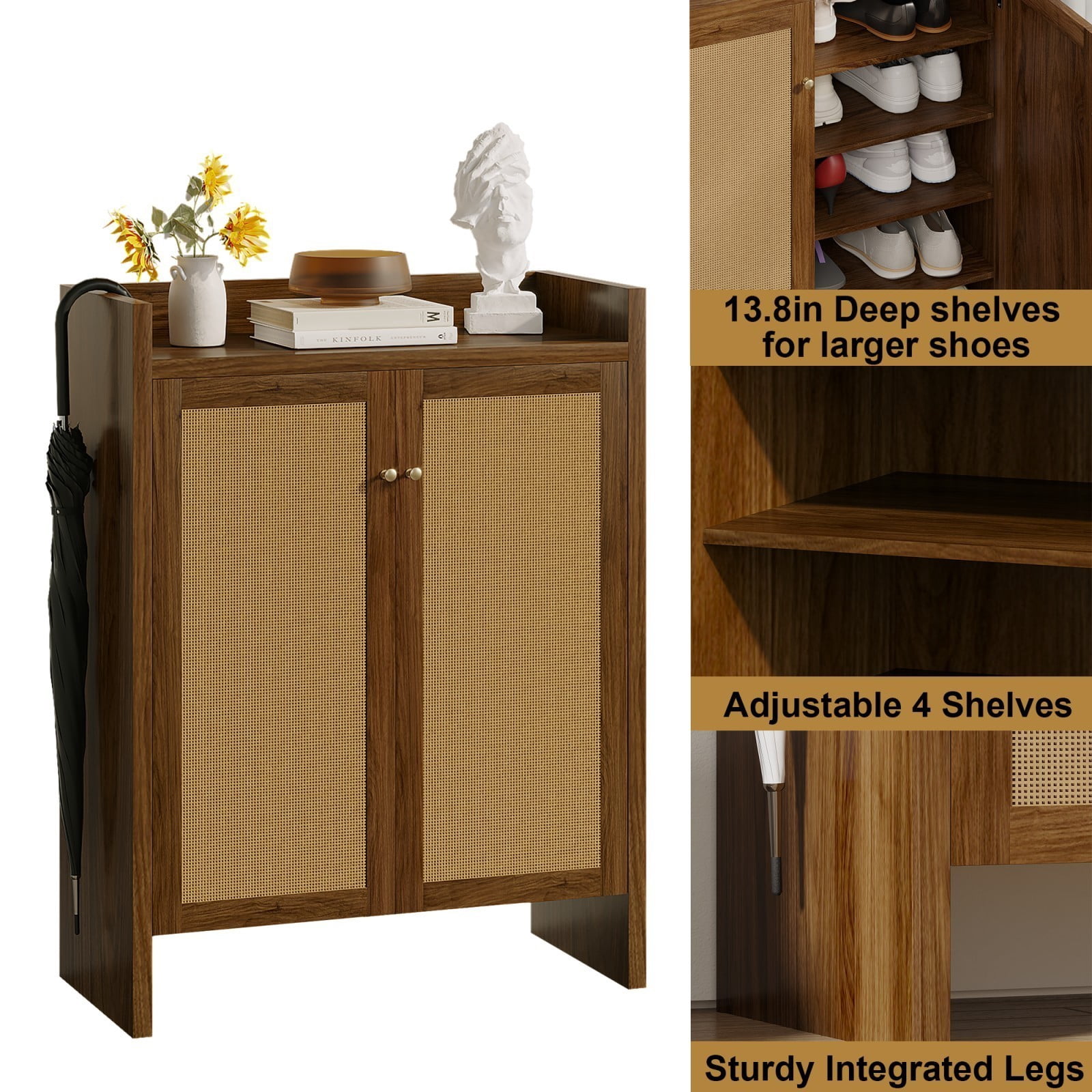 42.5" Tall Rattan Shoe Cabinet with Doors, 6-Tier Wooden Shoe Storage Organizer with Adjustable Shelves for Entryway Hallway, Walnut