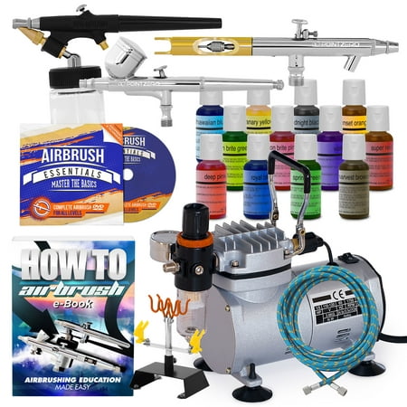 PointZero Cake Airbrush Decorating Kit - 3 Airbrushes, Compressor, and 12 Chefmaster