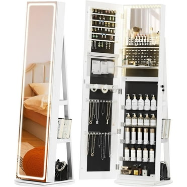LED Mirror Jewelry Cabinet Standing, with Full-Length Mirror and Adjustable LED Lights, Lockable Jewelry Armoire, 360° Swivel Jewelry Storage
