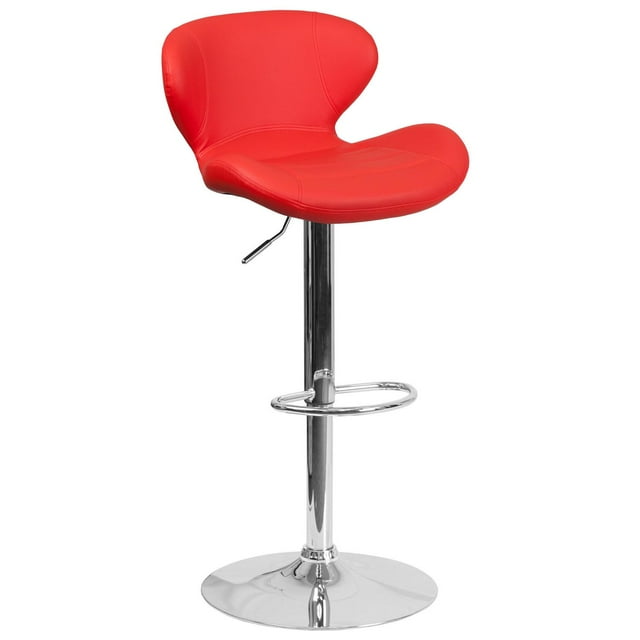 Contemporary Red Vinyl Adjustable Height Barstool with Curved Back and Chrome Base
