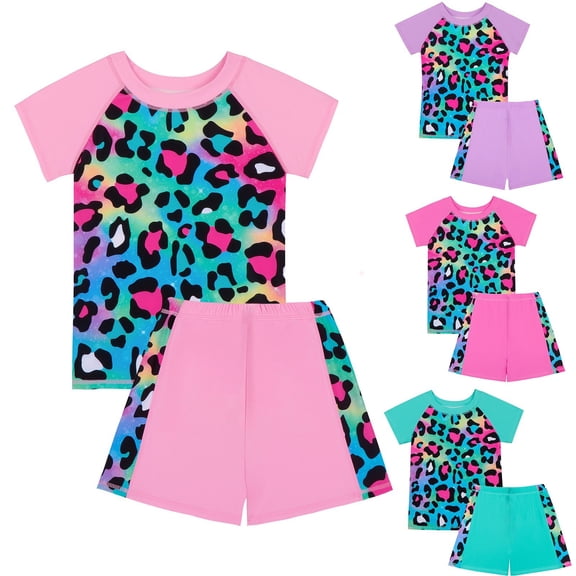 Xmyrz Toddler Girl Swimsuit 2 Piece Leopard Print Color Block Short Sleeve Rashguard Set With Shorts Bathing Suit Swimwear