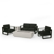 GDF Studio Gadd Outdoor Aluminum 4 Seater Chat Set with Fire Pit, Black, Gray, and Light Gray