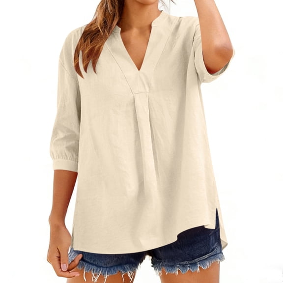 Womens Linen Tops 3/4 Sleeve V Neck Loose Shirts for Women Solid Color Summer Casual Breathable Flowy Dressy Blouse Tops