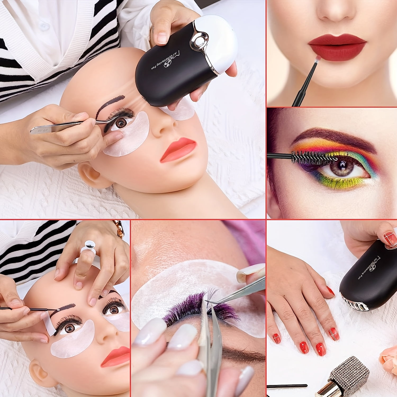 This eyelash extension kit is perfect for beginners and includes a USB air-conditioned hair dryer, 2 eyelash tweezers, 100 eyelash swabs, 50 eyelash brushes, 50 eyelash curlers, 2 rolls of tape, and