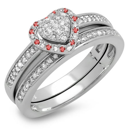 Heart Shaped Diamond Solitaire Rings - Sterling Silver Round Ruby & White Diamond Ladies Heart Shaped Bridal Engagement Ring Matching Band Set