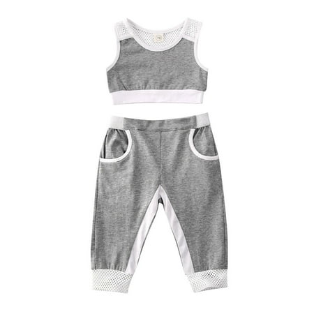 

Hirigin Toddler Girls Sleeveless Mesh Hollow Out Crop Top T-Shirt Long Pants Tracksuit