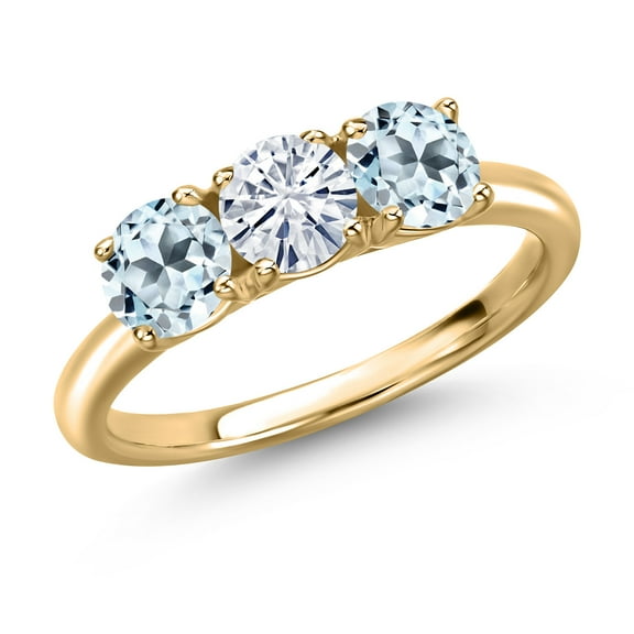 Gem Stone King 10K Yellow Gold White Moissanite and Sky Blue Topaz Engagement Ring for Women | 1.90 Cttw | Round 5MM | Gemstone Birthstone | Size 6