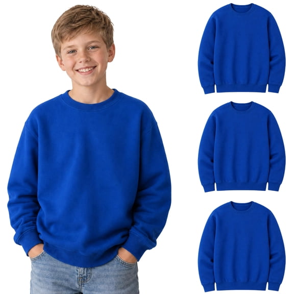 3 Pack Royal Blue Kids Crewneck Sweatshirts, Bulk Youth Fleece Pullover Sweatshirt, Wholesale Children’s Crew Neck Sweaters Boys Girls (2X-Large)