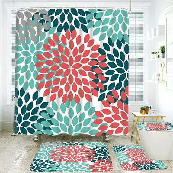 4 Pcs Shower Curtain Set Tulip Cactus Pinnata Floral Shower Curtain Waterproof Fabric Shower Curtain Sets with Non-Slip Rug, Toilet Lid Cover, Bath Mat and 12 Hooks
