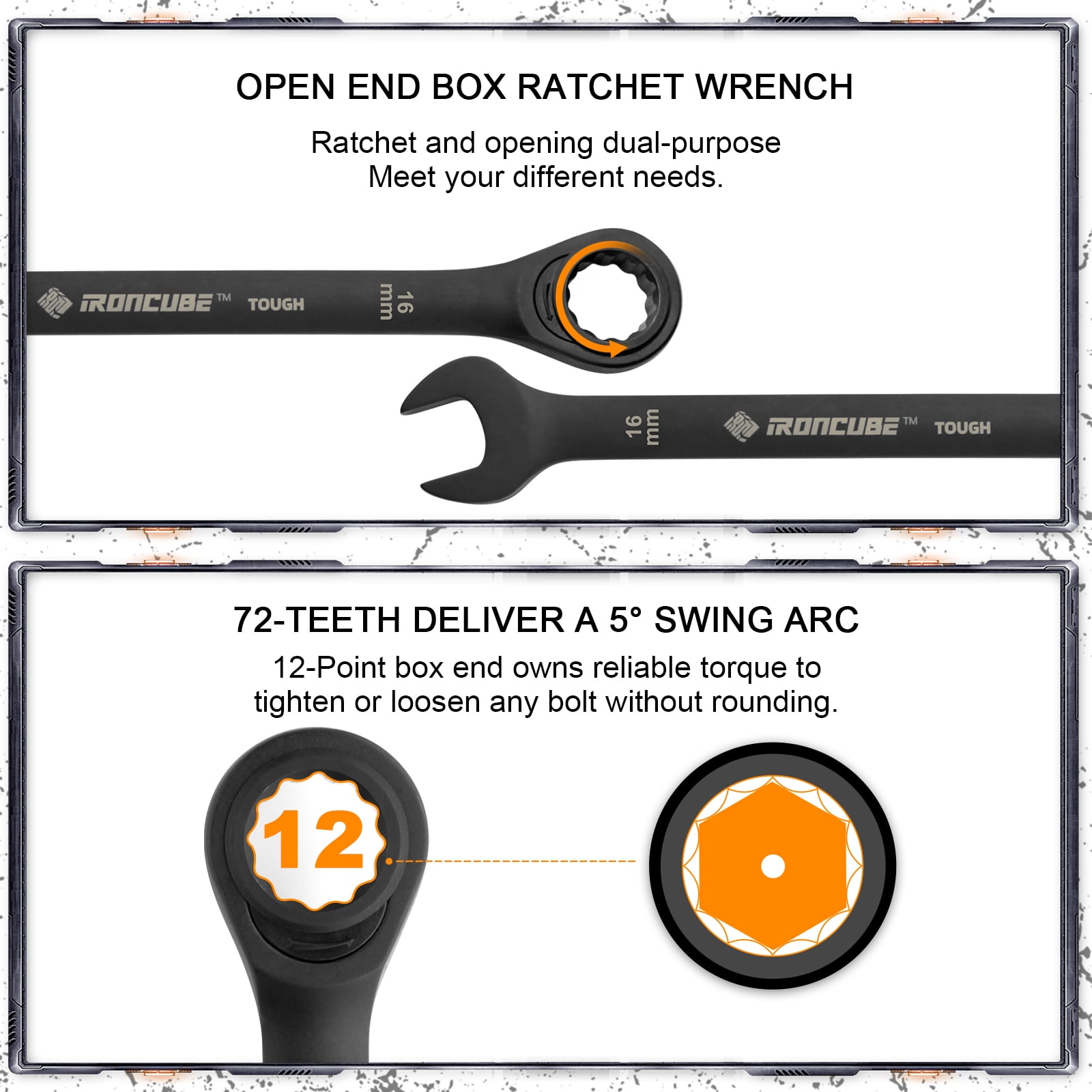 IRONCUBE Ratcheting Wrench Set, 12-Piece Tough Black, Metric 8-19mm, With Wax Canvas Storage Bag for Racing Motorcycle Backup Team's Maintenance Tools